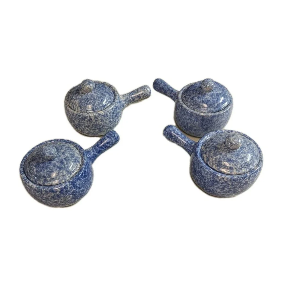 Vintage Bleu Co Gailst Blue Spongeware Lidded Soup Crocks - Set of 4 - Picture 10 of 15